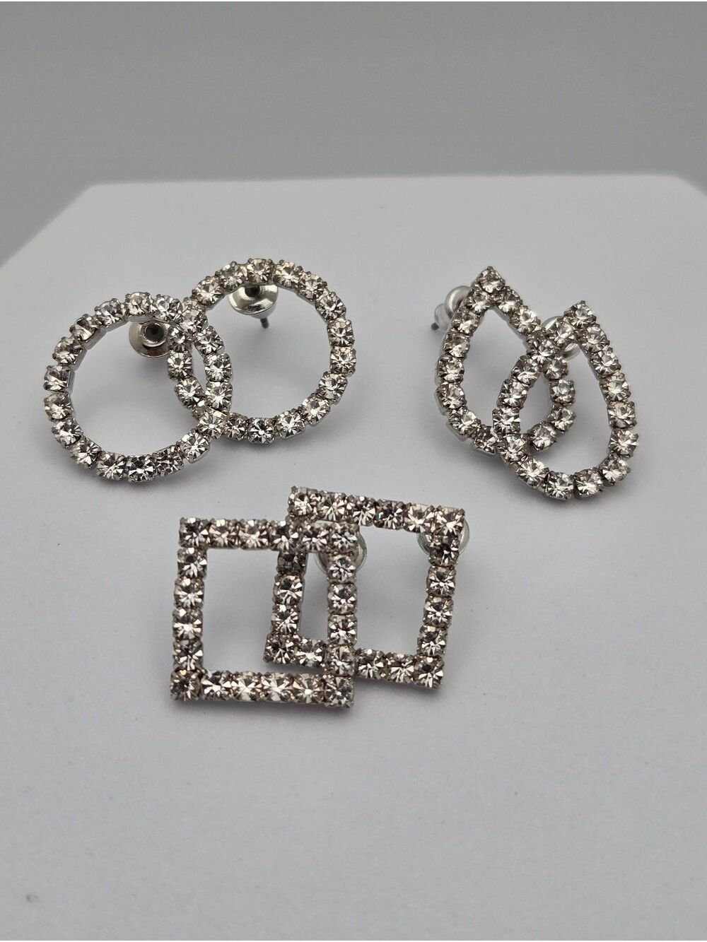 3 Pair Silver Tone Rhinestone Geometric Earrings Circle Teardrop Square New